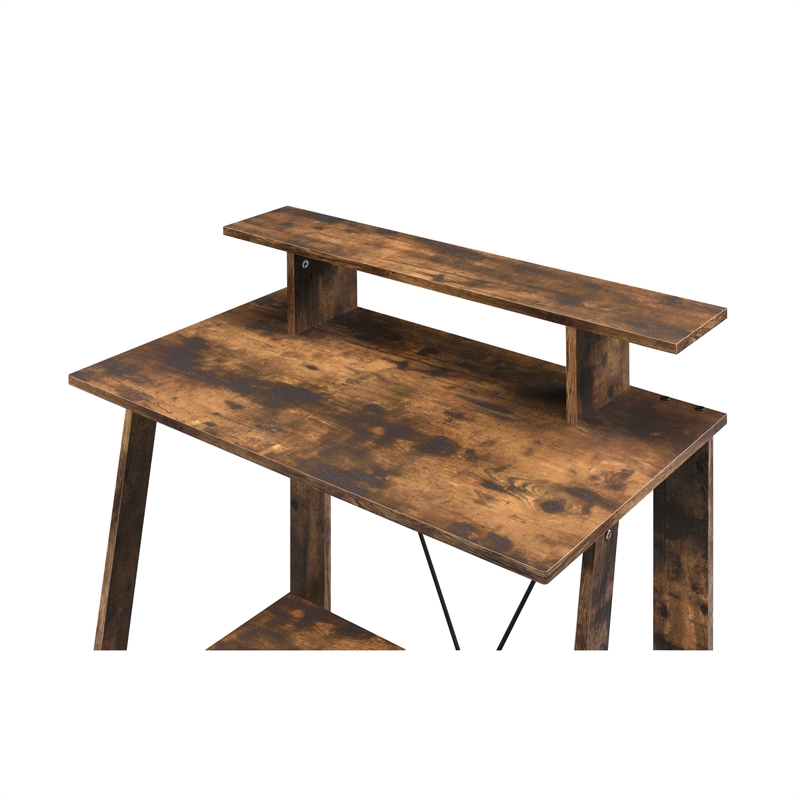 Benjara Writing Desk with V Shaped Frame- Weathered Oak and Black