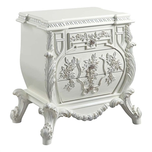 Benjara Nightstand with Ornate Floral Accent and 3 Drawers- Antique White