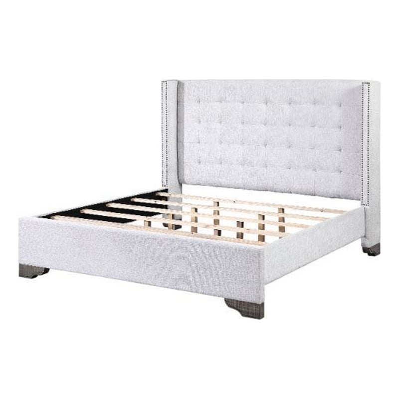Benjara Eastern King Bed with Fabric Upholstery and Tufting- Beige