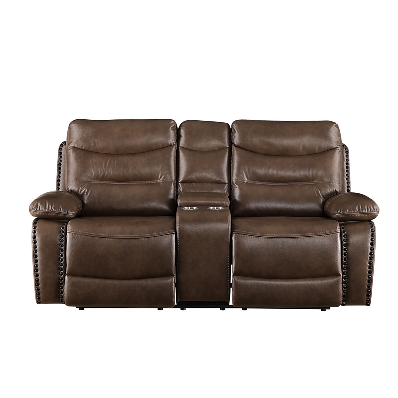Benjara Motion Loveseat with Leatherette Upholstery and Tufted Seat- Brown