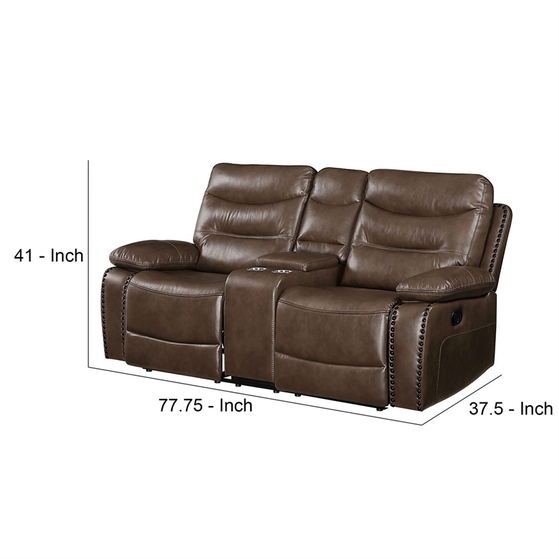 Benjara Motion Loveseat with Leatherette Upholstery and Tufted Seat- Brown