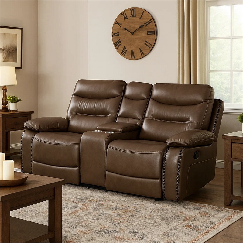 Benjara Motion Loveseat with Leatherette Upholstery and Tufted Seat- Brown