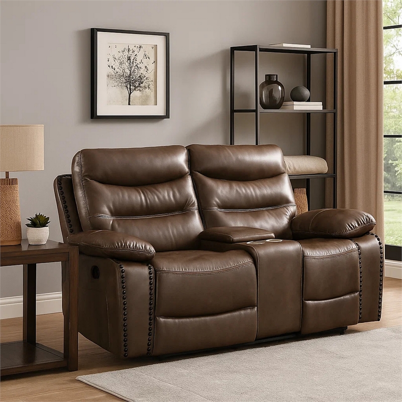 Benjara Motion Loveseat with Leatherette Upholstery and Tufted Seat- Brown
