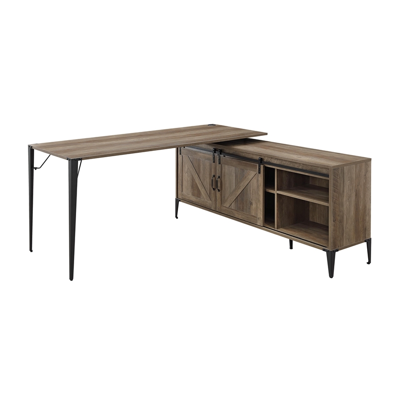 Benjara L Shape Writing Desk with 6 Open Compartments- Brown