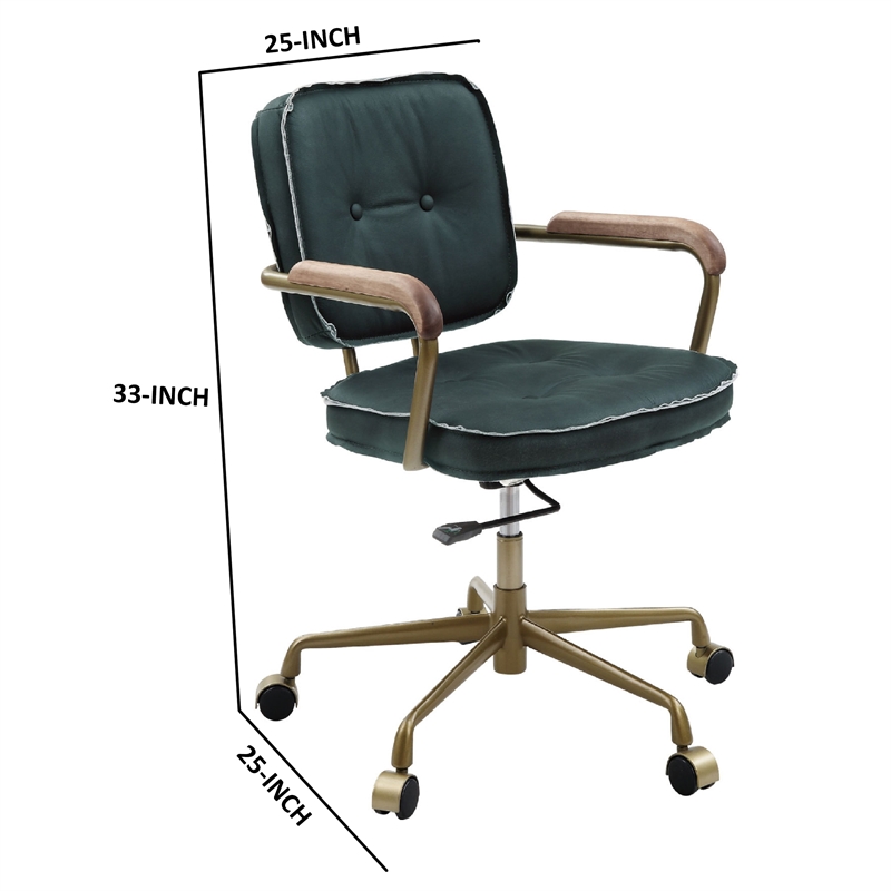 Benjara Office Chair with Leather Seat and Button Tufted Back- Green