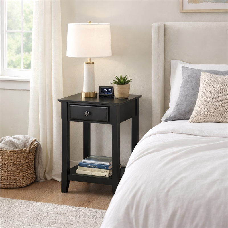 Benjara Accent Table with 1 Drawer and Bottom Shelf- Black