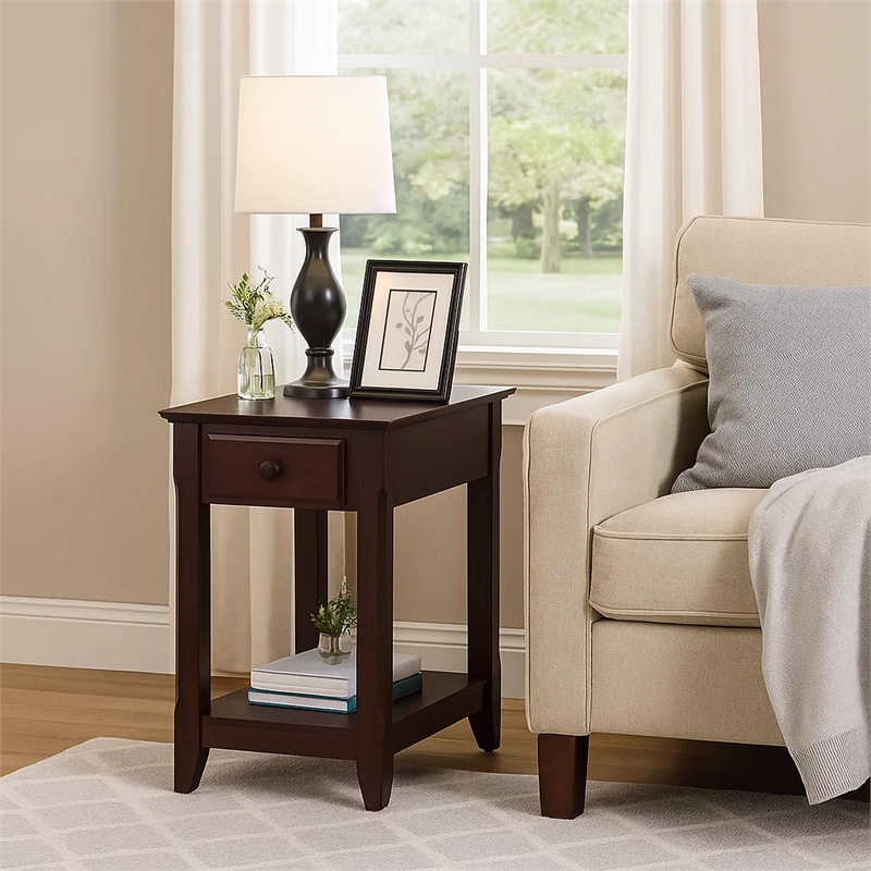 Benjara Accent Table with 1 Drawer and Bottom Shelf- Brown