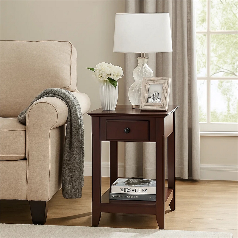 Benjara Accent Table with 1 Drawer and Bottom Shelf- Brown