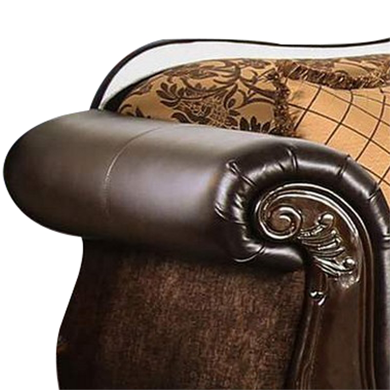 Benjara Leatherette Sofa with Intricate Carving and Jacobean Pattern- Dark Brown