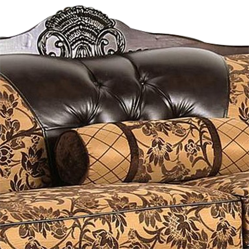 Benjara Leatherette Sofa with Intricate Carving and Jacobean Pattern- Dark Brown