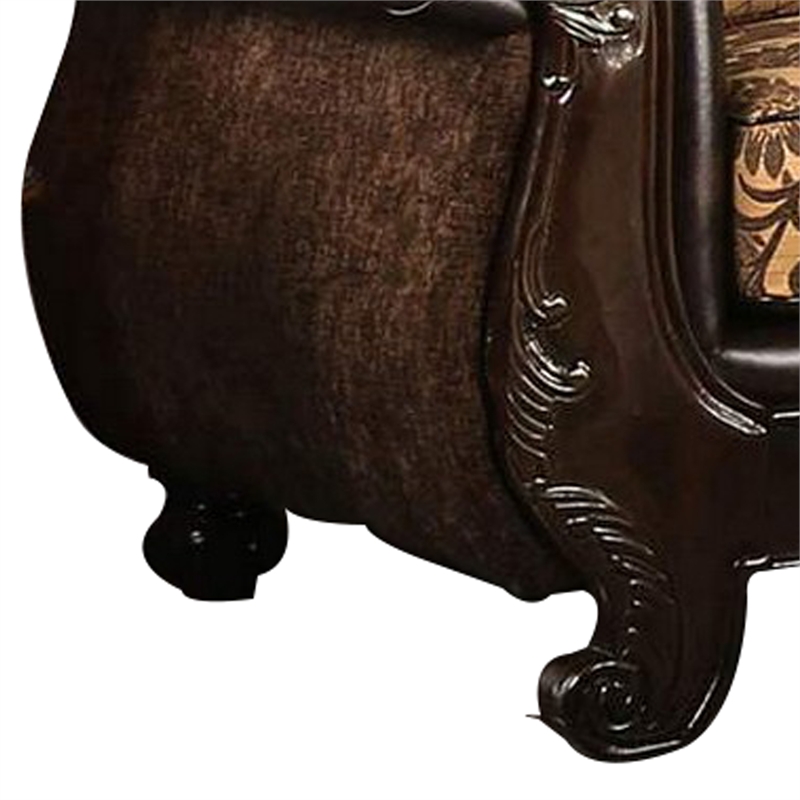 Benjara Leatherette Sofa with Intricate Carving and Jacobean Pattern- Dark Brown