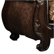 Benjara Leatherette Sofa with Intricate Carving and Jacobean Pattern- Dark Brown