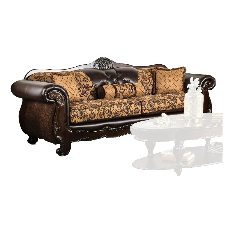 Benjara Leatherette Sofa with Intricate Carving and Jacobean Pattern- Dark Brown