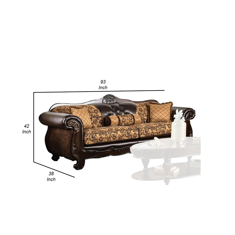 Benjara Leatherette Sofa with Intricate Carving and Jacobean Pattern- Dark Brown