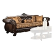 Benjara Leatherette Sofa with Intricate Carving and Jacobean Pattern- Dark Brown