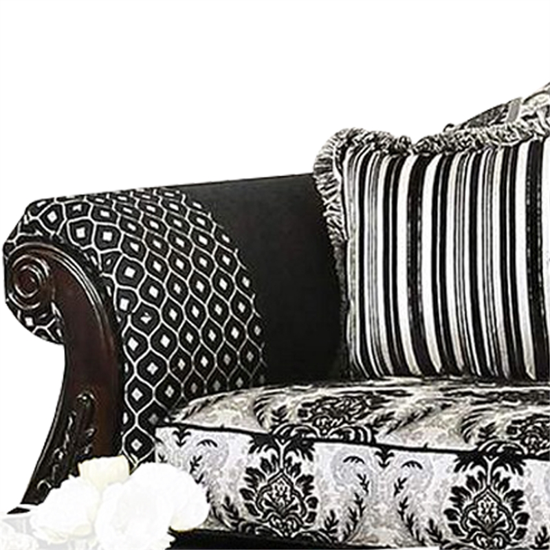 Benjara Sofa with Scalloped Crown Top Back and Damask Pattern- Gray