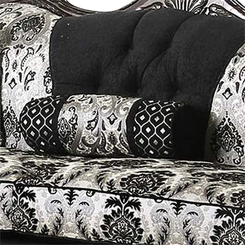 Benjara Sofa with Scalloped Crown Top Back and Damask Pattern- Gray