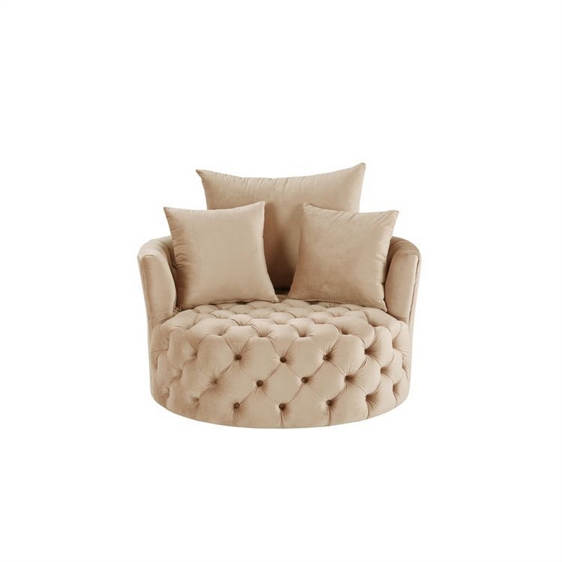 Benjara Swivel Accent Chair with Curved Design and Button Tufting- Beige