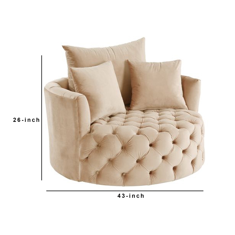 Benjara Swivel Accent Chair with Curved Design and Button Tufting- Beige