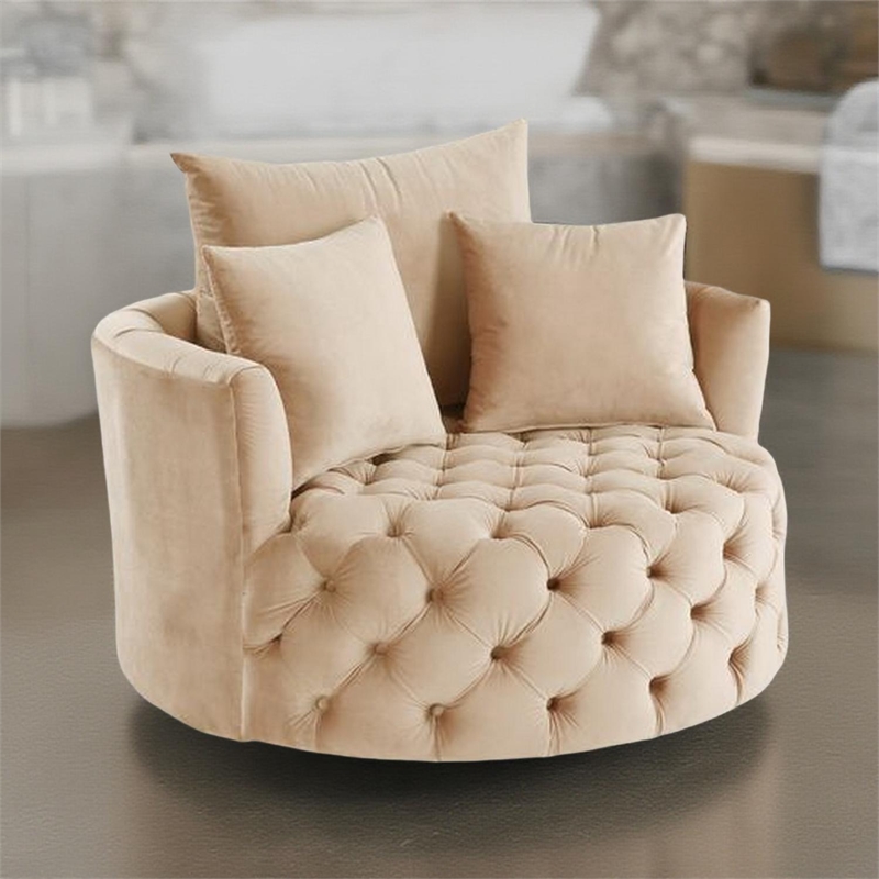 Benjara Swivel Accent Chair with Curved Design and Button Tufting- Beige