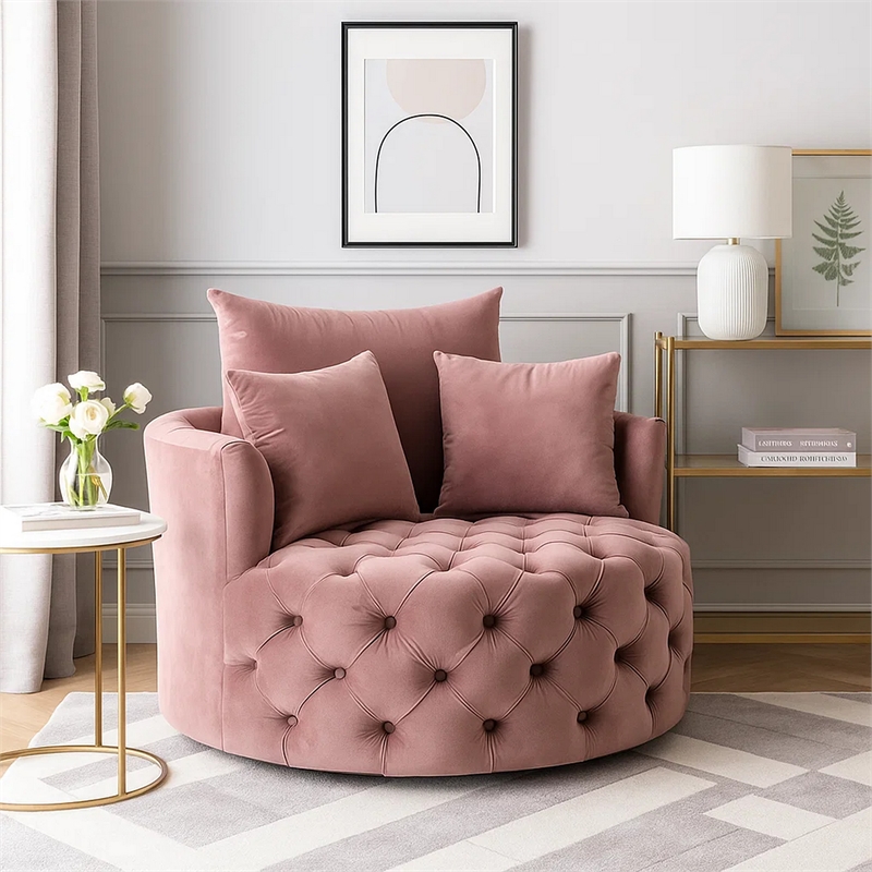 Benjara Swivel Accent Chair with Curved Design and Button Tufting- Pink