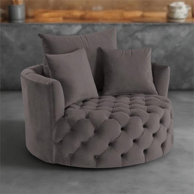 Benjara Swivel Accent Chair with Curved Design and Button Tufting- Dark Gray