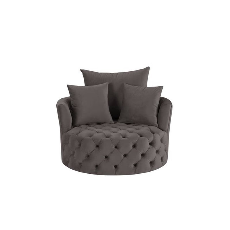 Benjara Swivel Accent Chair with Curved Design and Button Tufting- Dark Gray