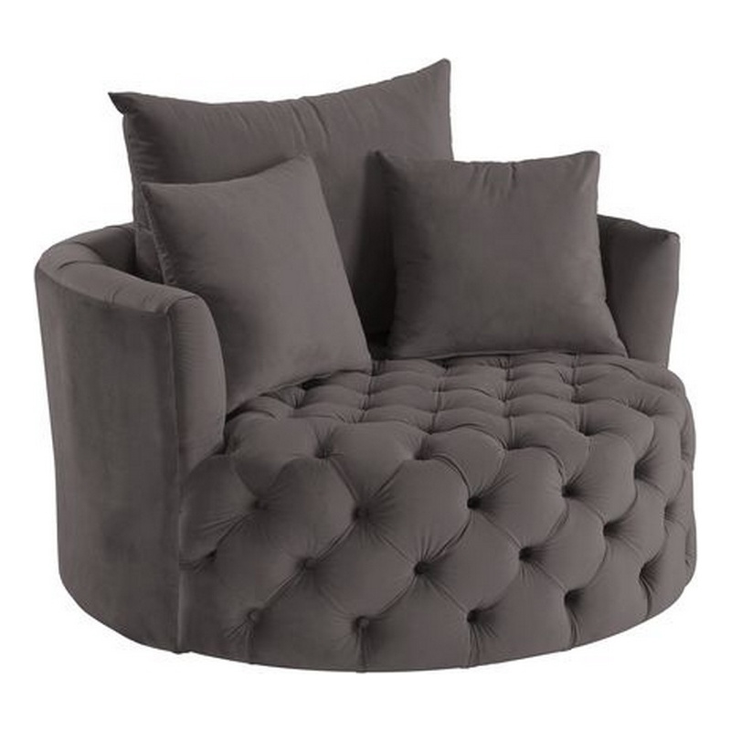 Benjara Swivel Accent Chair with Curved Design and Button Tufting- Dark Gray