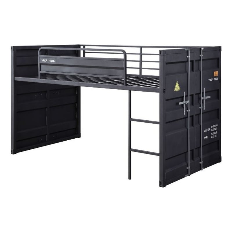 Benjara Twin Loft Bed with Metal Frame and Slide- Gray