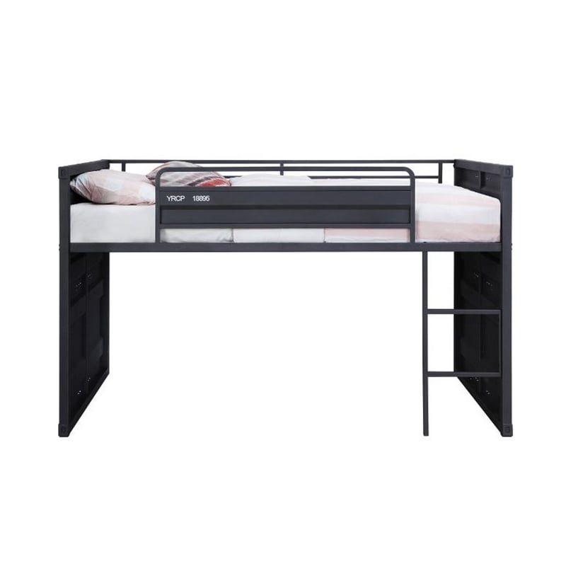 Benjara Twin Loft Bed with Metal Frame and Slide- Gray