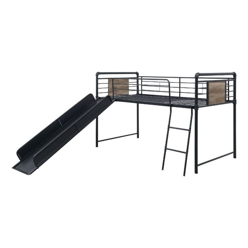 Benjara Twin Loft Bed with Tubular Metal Frame and Slide- Dark Bronze
