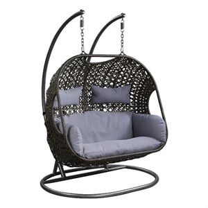 Benjara Patio Swing Chair with Tubular Stand and Wicker Weaving- Black