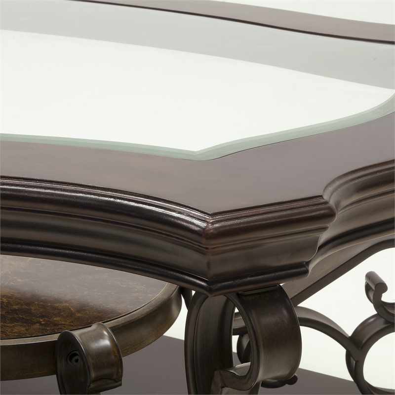 Benjara Cocktail Table with Glass Top and Scroll Accent- Brown