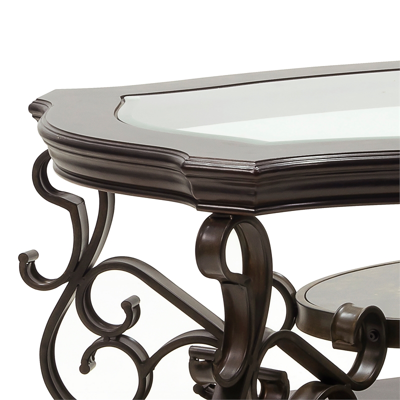 Benjara Cocktail Table with Glass Top and Scroll Accent- Brown