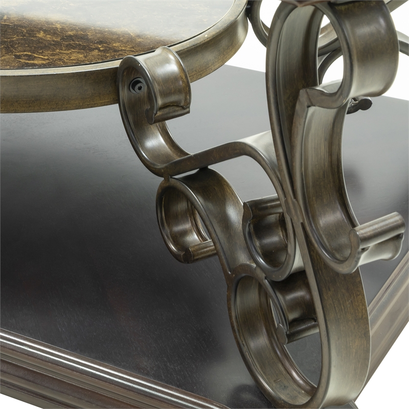 Benjara Cocktail Table with Glass Top and Scroll Accent- Brown