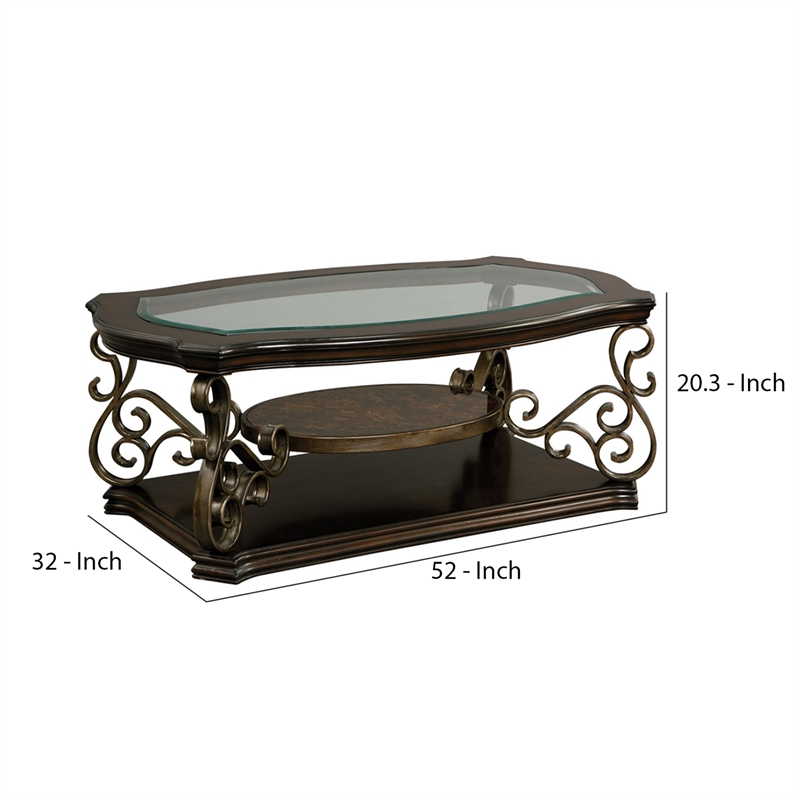 Benjara Cocktail Table with Glass Top and Scroll Accent- Brown
