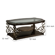 Benjara Cocktail Table with Glass Top and Scroll Accent- Brown