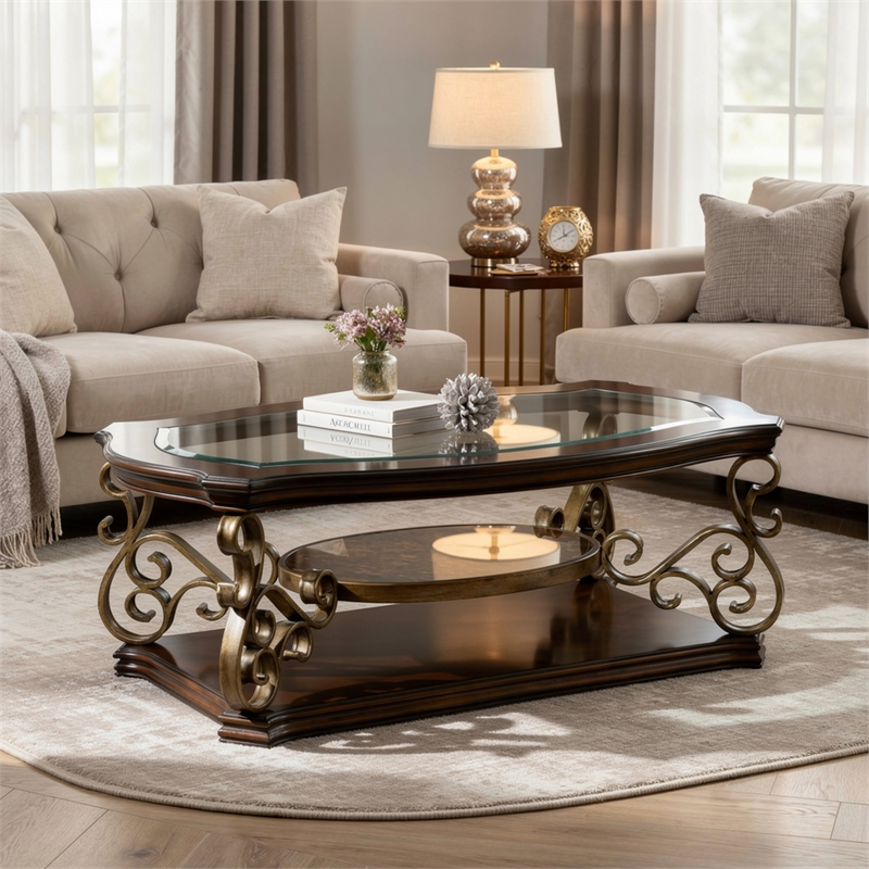 Benjara Cocktail Table with Glass Top and Scroll Accent- Brown