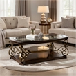 Benjara Cocktail Table with Glass Top and Scroll Accent- Brown