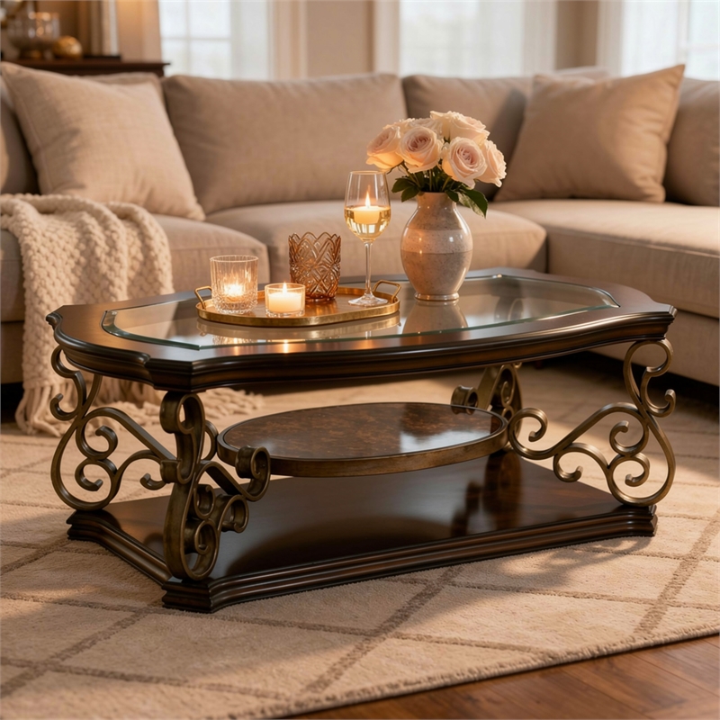Benjara Cocktail Table with Glass Top and Scroll Accent- Brown