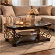 Benjara Cocktail Table with Glass Top and Scroll Accent- Brown