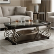 Benjara Cocktail Table with Glass Top and Scroll Accent- Brown