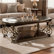 Benjara Cocktail Table with Glass Top and Scroll Accent- Brown