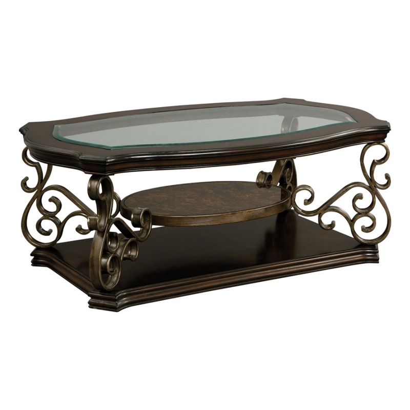 Benjara Cocktail Table with Glass Top and Scroll Accent- Brown