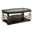 Benjara Cocktail Table with Glass Top and Scroll Accent- Brown