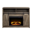 Benjara TV Stand and Fireplace with 2 Sliding Barn Doors- Rustic Brown