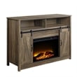 Benjara TV Stand and Fireplace with 2 Sliding Barn Doors- Rustic Brown