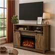 Benjara TV Stand and Fireplace with 2 Sliding Barn Doors- Rustic Brown