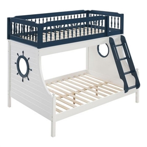 Benjara Twin Over Full Bunk Bed with Baluster Style Guardrails- White and Blue