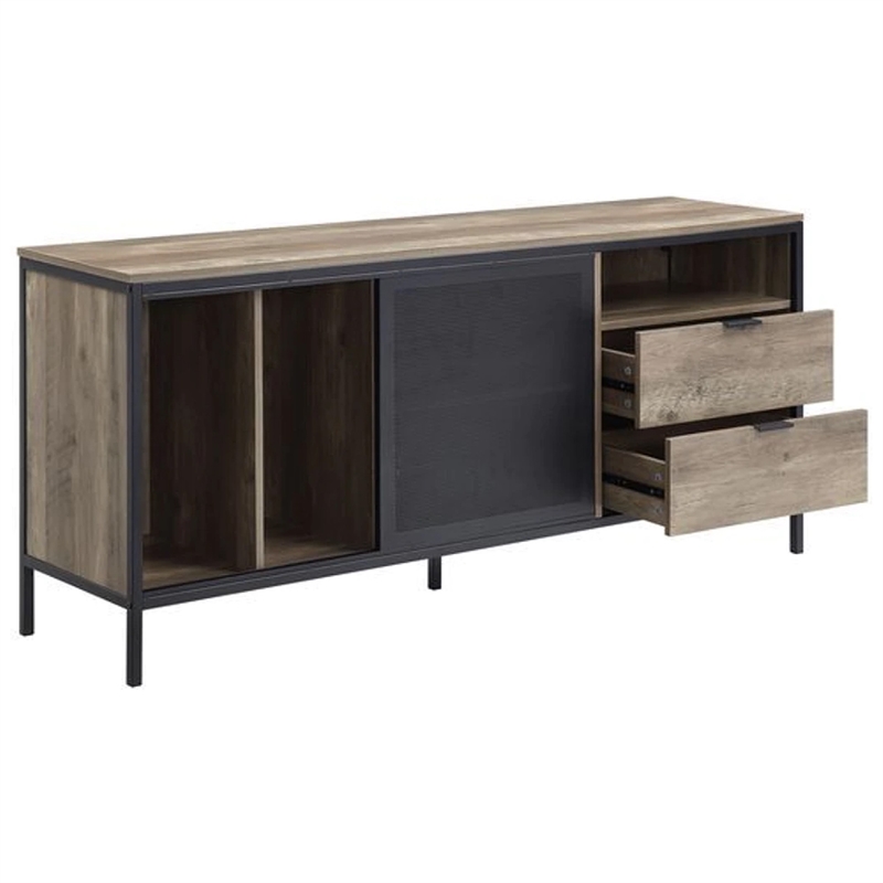Benjara TV Stand with Metal Frame- Rustic Oak Brown and Black